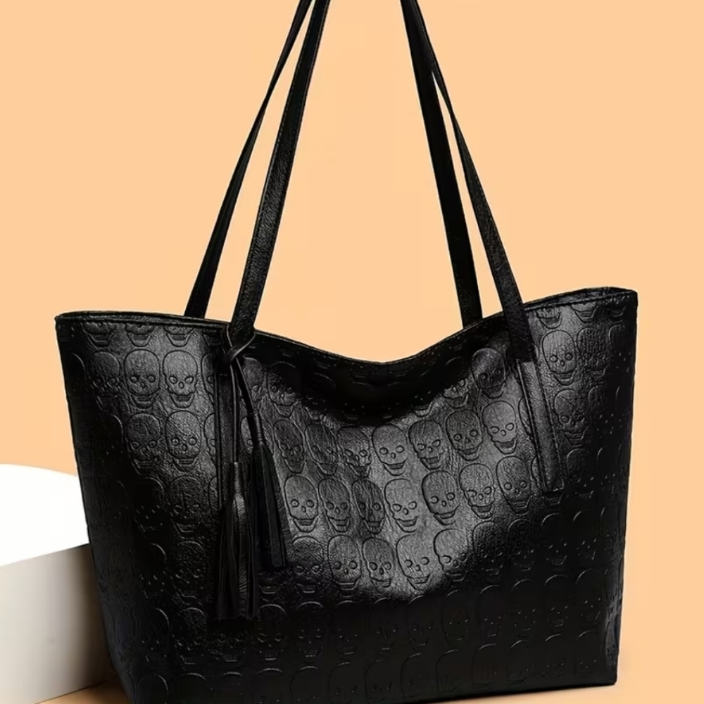 Women's PU Leather Skull Gothic Style Tasse Large Capacity Tote Shoulder Purse - Picture 8 of 10